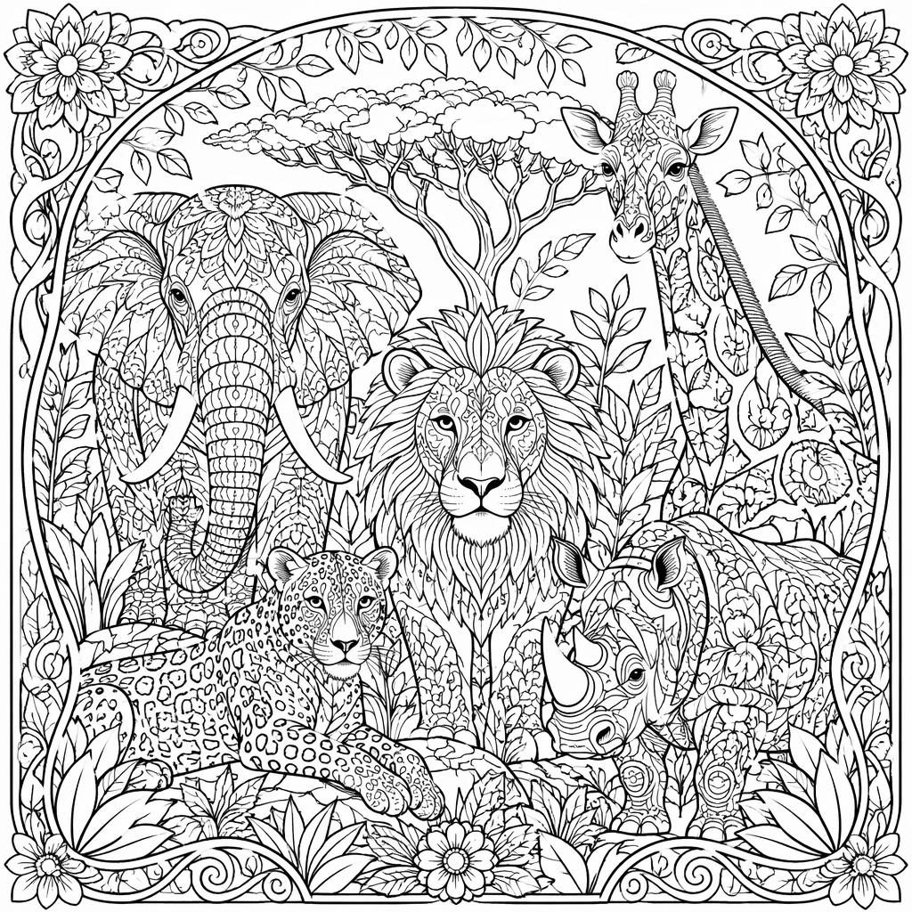 Black-and-white coloring page with safari animals in intricate zentangle and art nouveau line art on a white background.