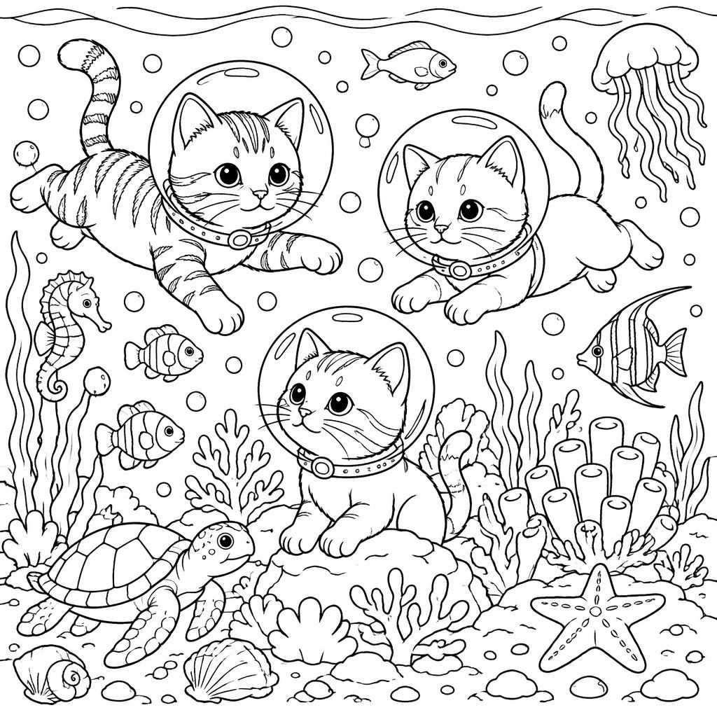 Ilustración para colorear en blanco y negro de una escena submarina infantil con peces, corales y burbujas.