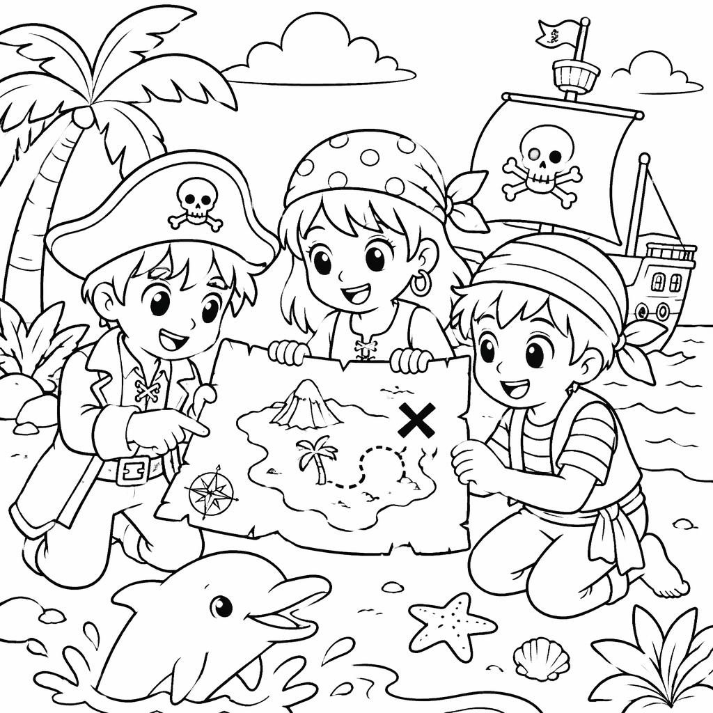 Schwarz-weißes Ausmalbild mit Kindern als Piraten und Schatzkarte im einfachen Manga-Linienstil.