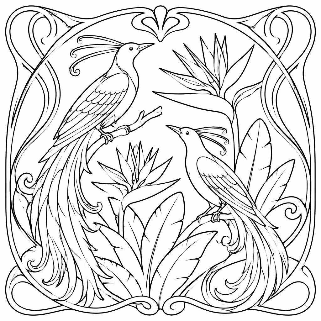 Illustration en noir et blanc style art nouveau, contours simples et fermés, inspirée des oiseaux de paradis.