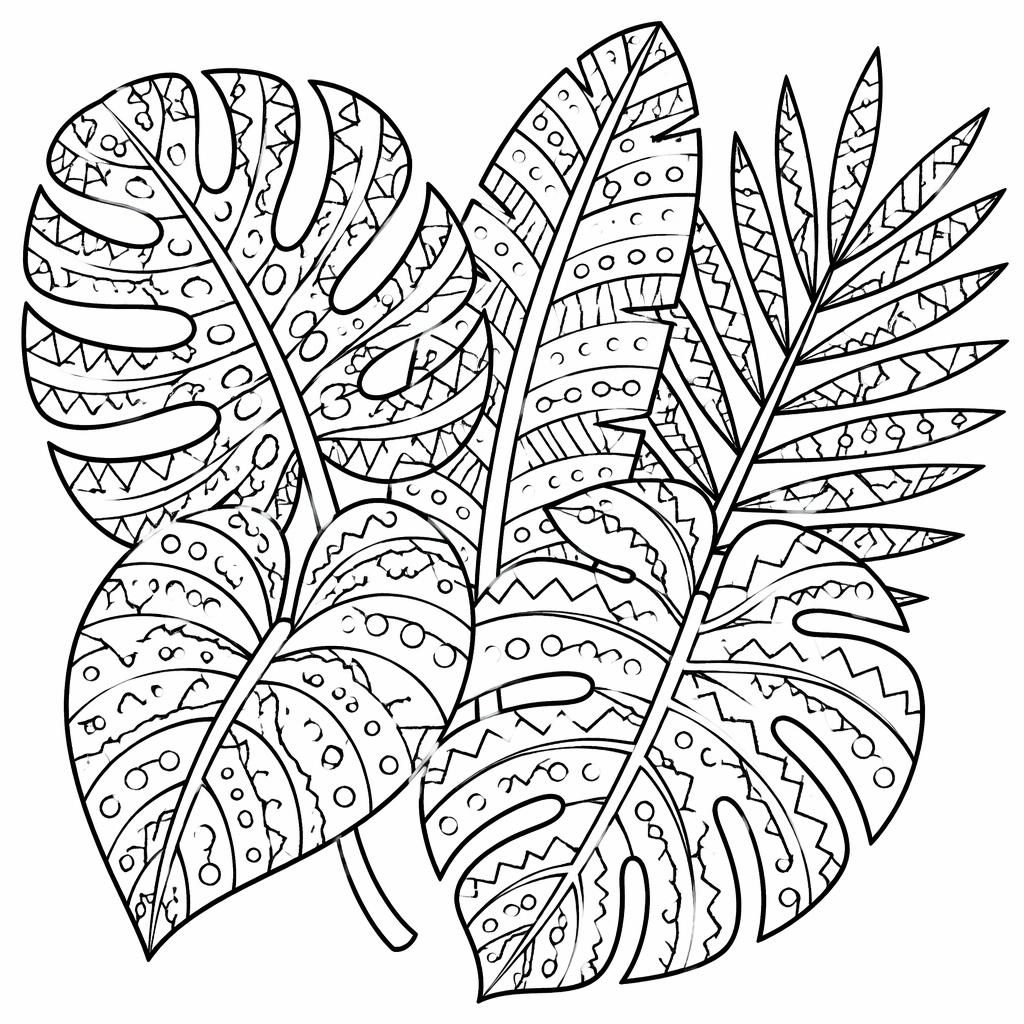 Ilustración en blanco y negro de hojas tropicales estilo zentangle, con contornos simples para colorear.
