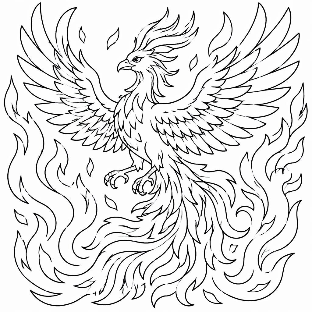 Schwarz-weiße Ausmalseite mit erwachsenem Phönix in Flammen, klaren Konturen und manga-inspiriertem Stil.