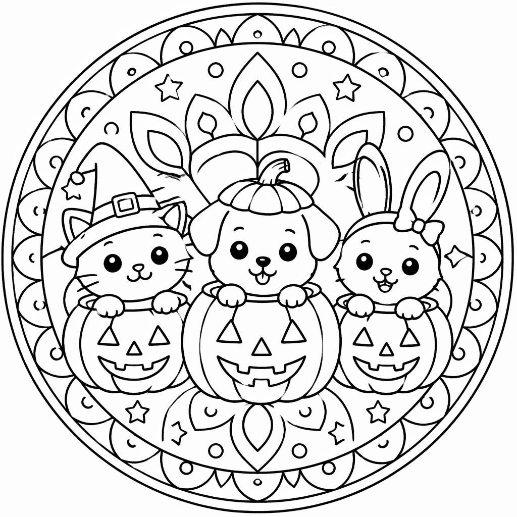 Ilustración para colorear en blanco y negro de una calabaza de Halloween infantil con estilo mandala simple.