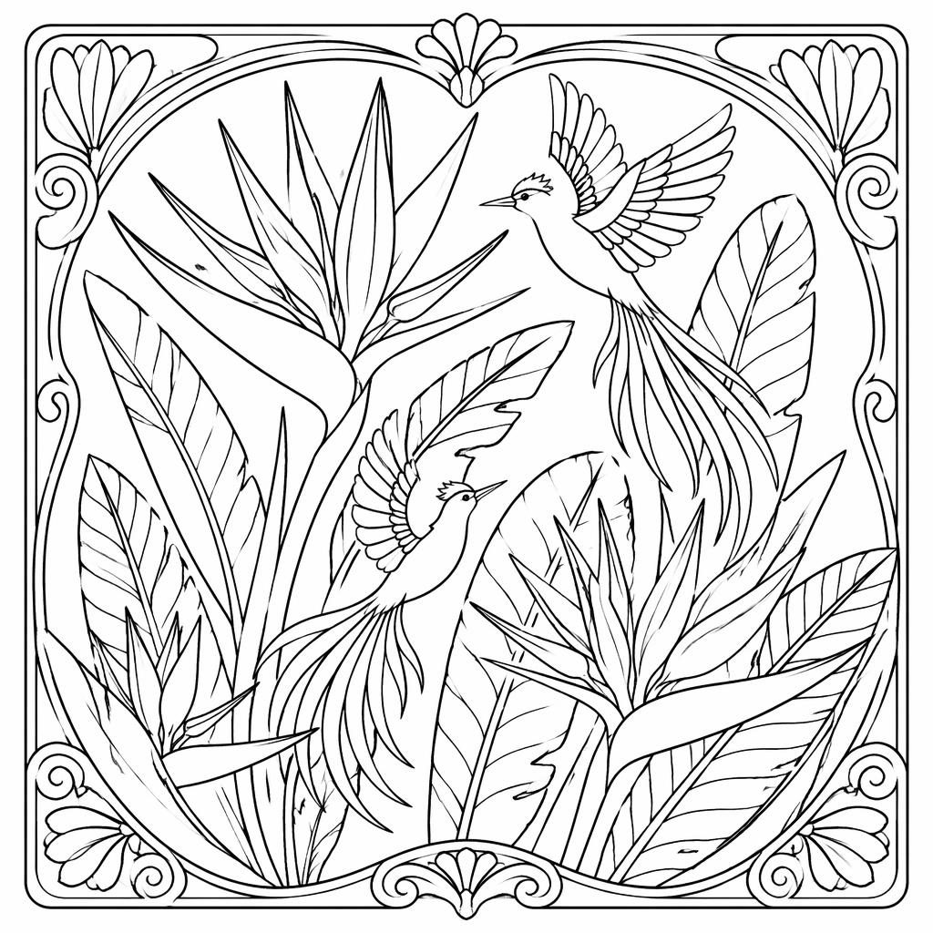 Ilustración en blanco y negro de aves del paraíso detalladas, con contornos limpios y estilo art nouveau para colorear.