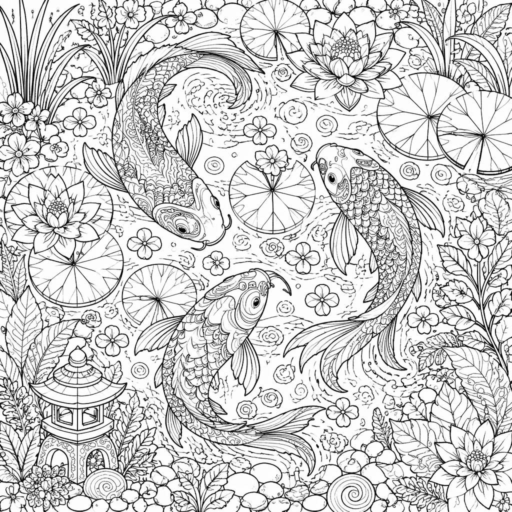 Ilustración para colorear en blanco y negro de un estanque koi con detalles intrincados, estilo zentangle y contornos limpios.