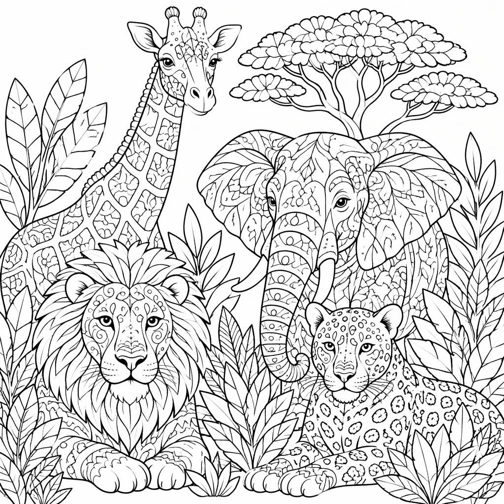 Ilustración en blanco y negro de animales de safari estilo zentangle con hojas y contornos limpios para colorear.