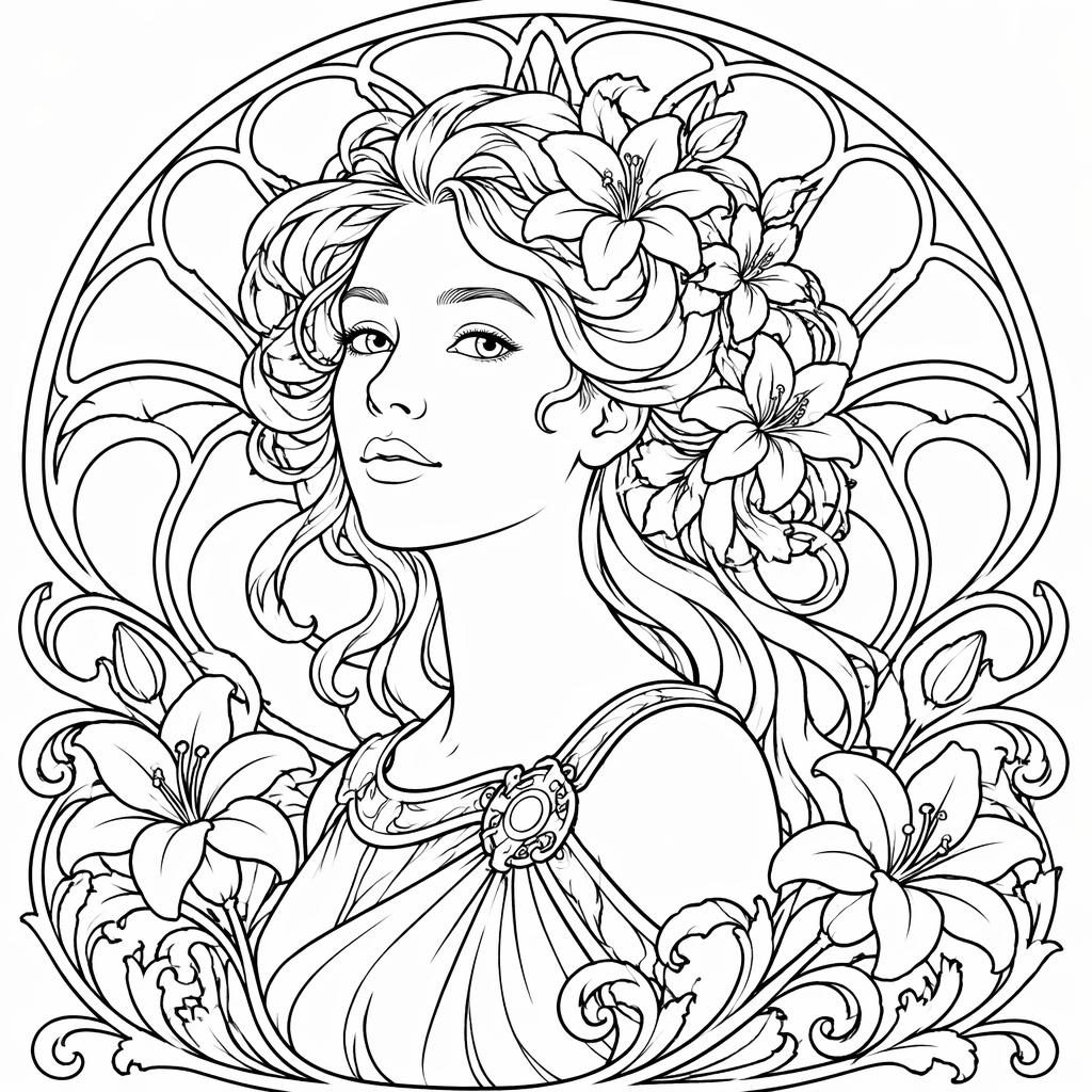Retrato de mujer estilo art nouveau en line art blanco y negro, con detalles intrincados y formas cerradas.