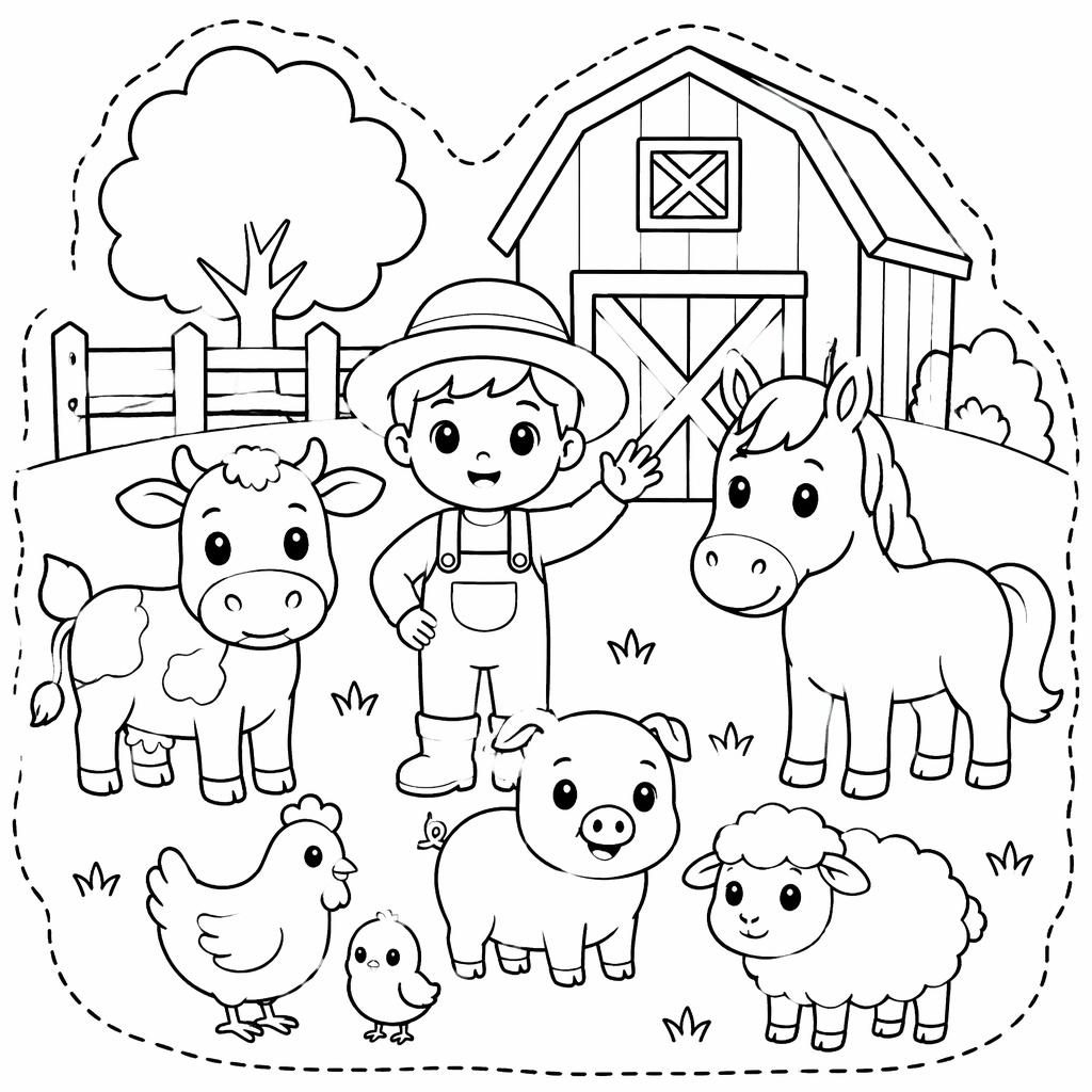 Illustration noir et blanc d’animaux de la ferme style manga simple, contours épais, scène enfantine à colorier.