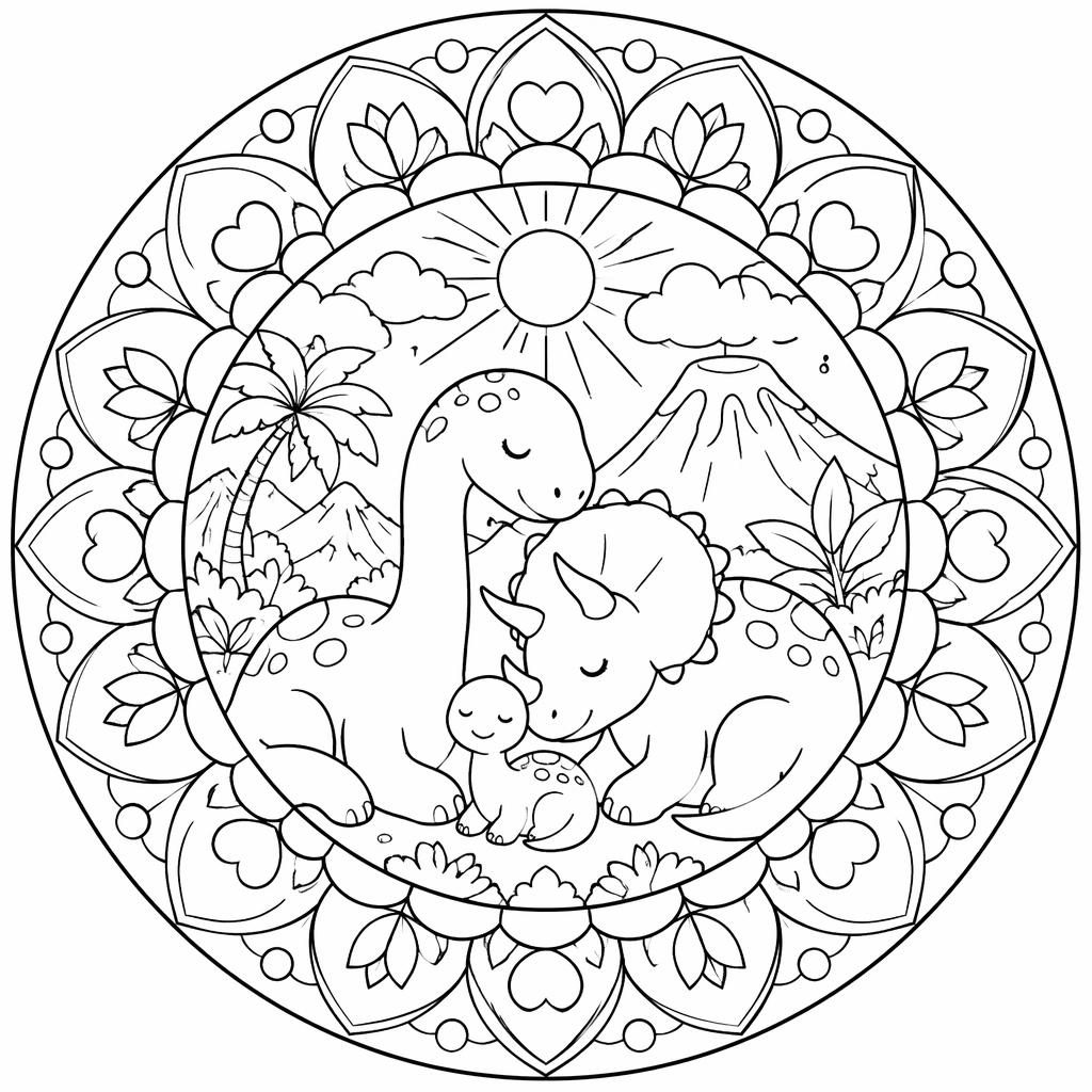 Página para colorear en blanco y negro con escenas de dinosaurios para niños, estilo manga y contornos limpios.