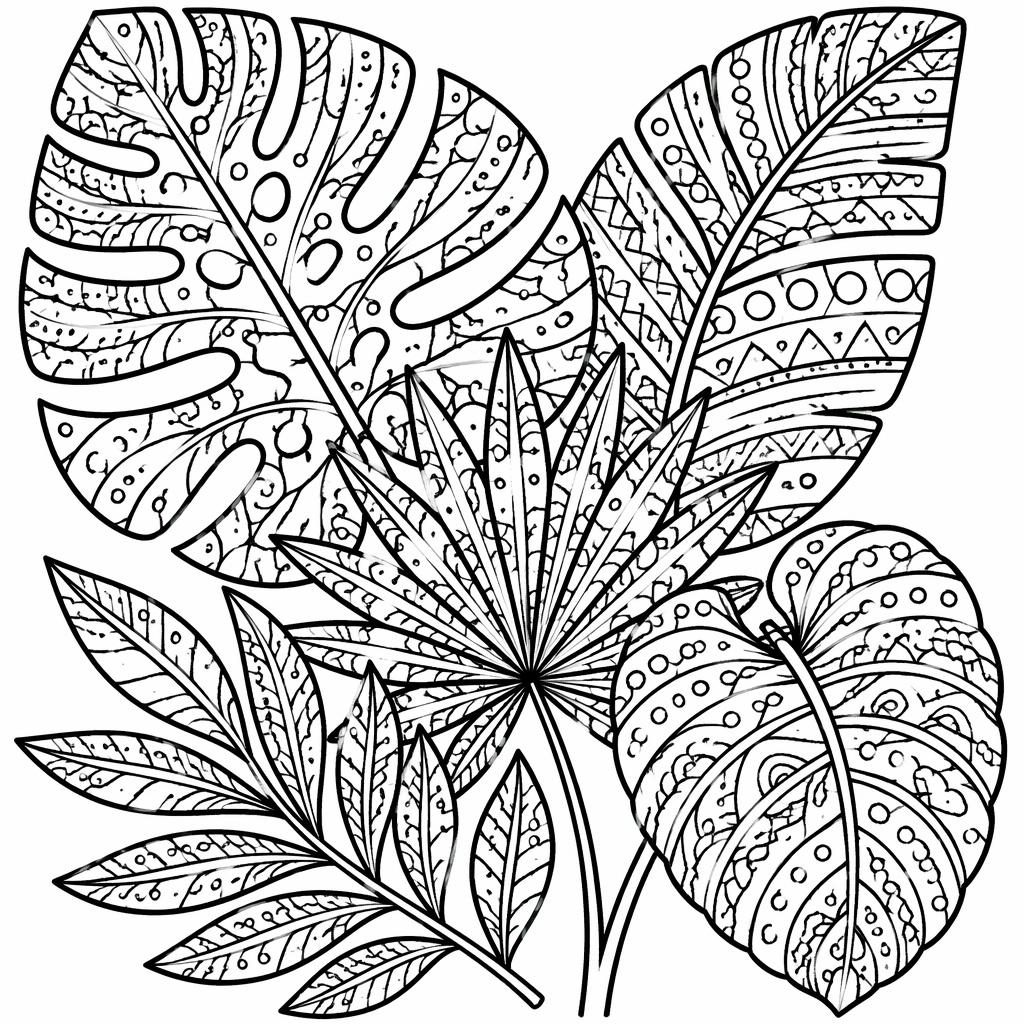 Schwarz-weißes Ausmalbild mit tropischen Blättern im Zentangle-Stil, klare dicke Konturen, detailreich und kinderfreundlich.
