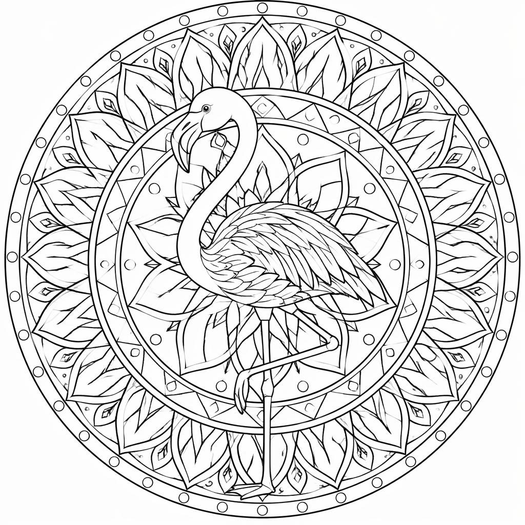 Schwarz-weiße Ausmalseite mit geometrischem Flamingo-Mandala, filigranen Linien und weißem Hintergrund