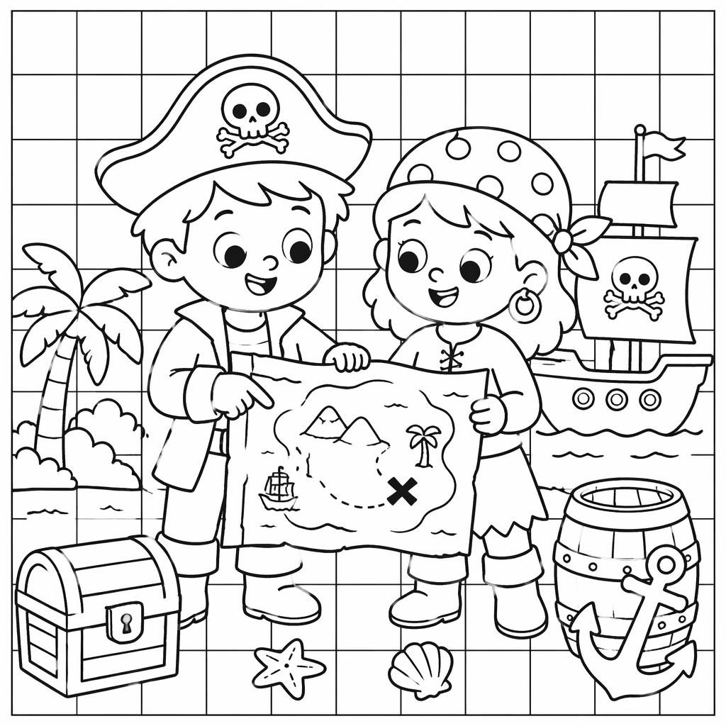 Ilustración para colorear en blanco y negro de niños piratas con un mapa del tesoro, estilo tierno y líneas simples.