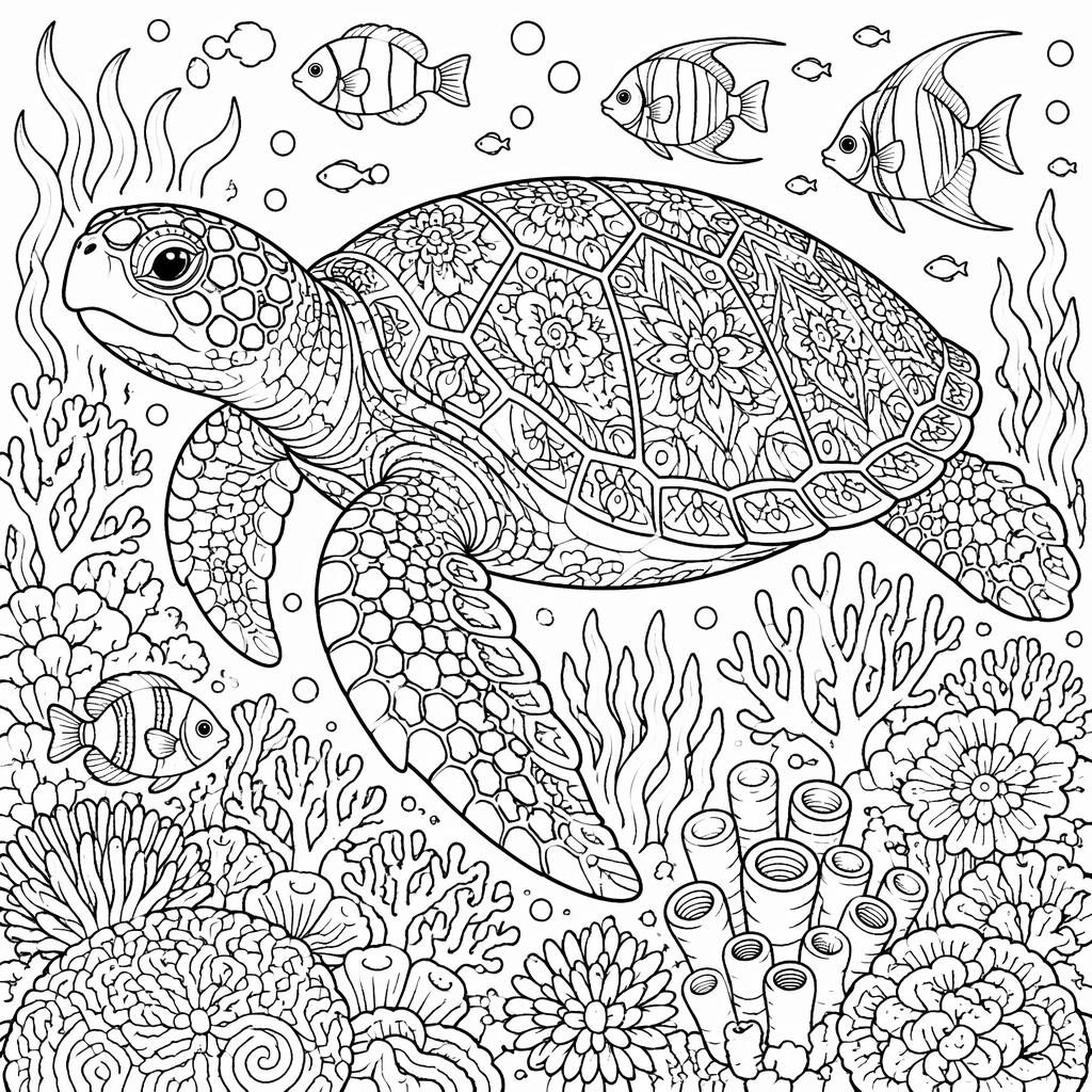 Ilustración para colorear en blanco y negro de una tortuga marina adulta en arrecife, con detalles intrincados estilo manga.