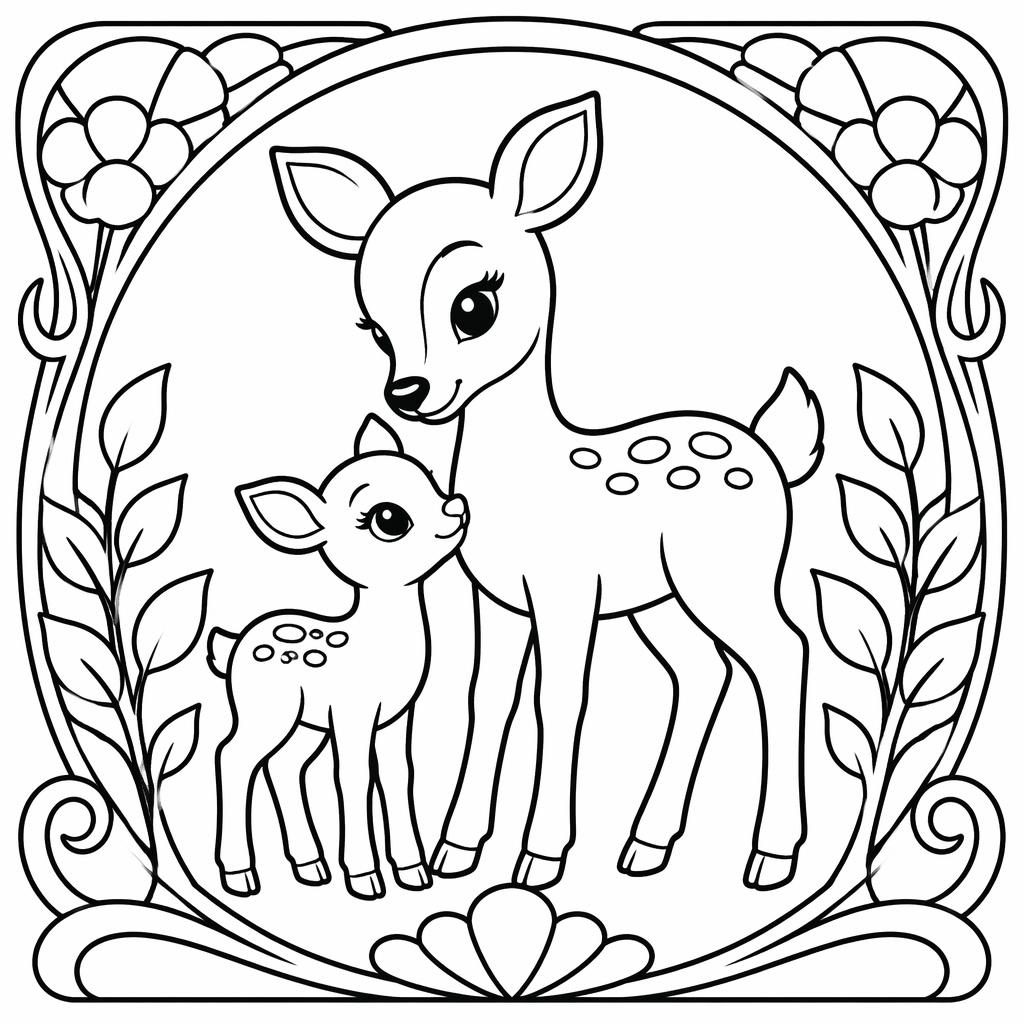 Ilustración en blanco y negro de mamás animales con sus crías, líneas gruesas y estilo art nouveau para niños
