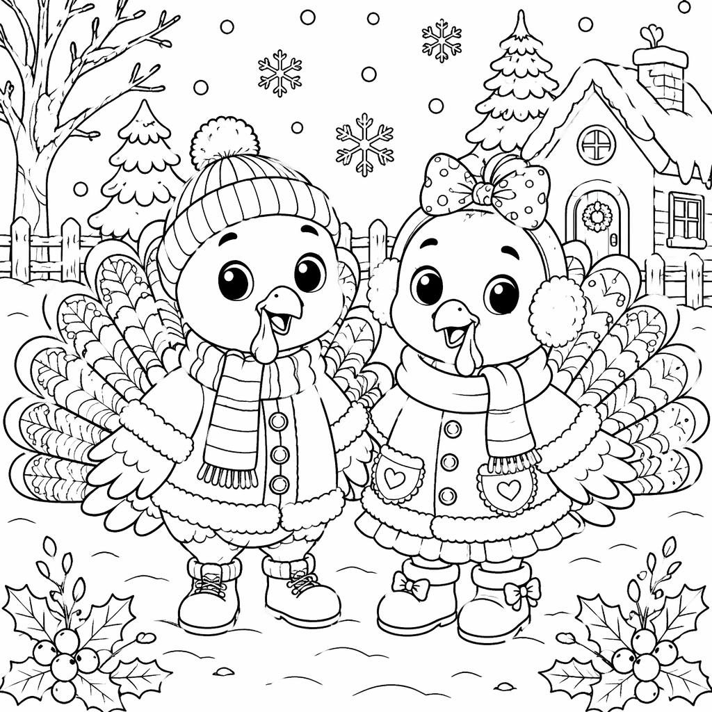 Black-and-white coloring page with cute kids and a Thanksgiving turkey in clean detailed cartoon line art.