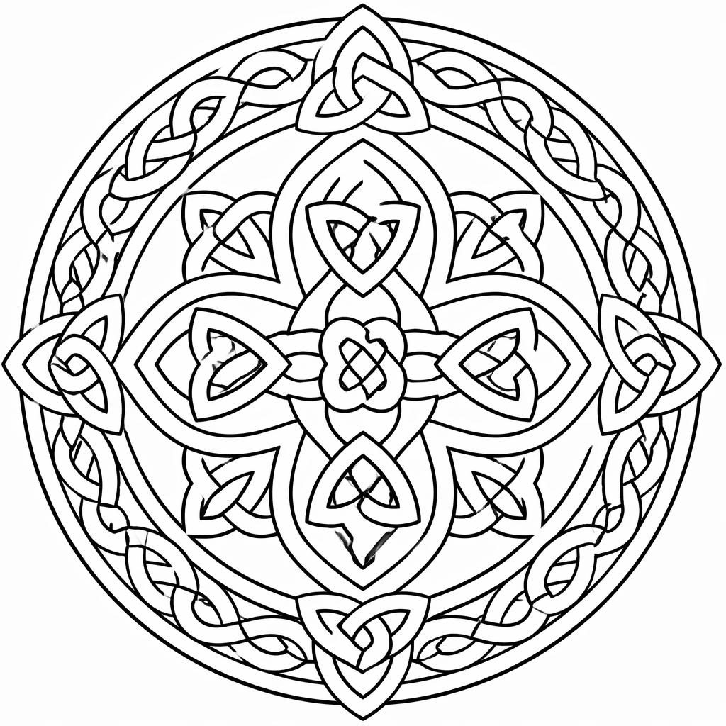 Schwarz-weiße Ausmalvorlage einer Kamera mit keltischen Knoten im Mandala-Stil, klare Konturen, kinderfreundlich.