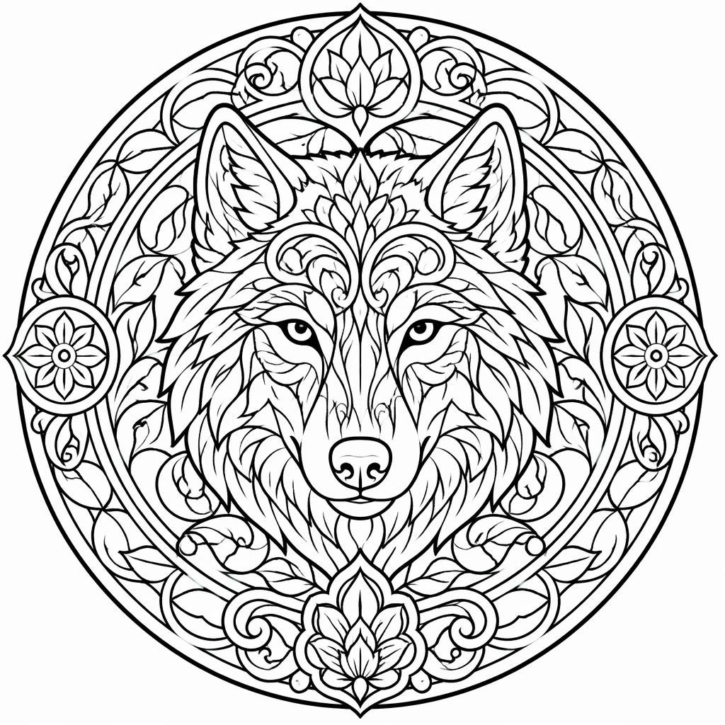Black-and-white mandala wolf coloring page with chunky Art Nouveau outlines, intricate closed shapes, and clean printable line art.