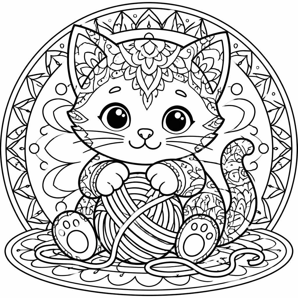 Illustration noir et blanc d’un chaton avec une pelote de laine, en style mandala à gros contours, pour enfants.