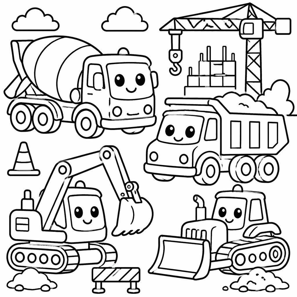 Schwarz-weiße Ausmalbild-Illustration mit niedlichen Baustellenfahrzeugen für Kinder in klaren, dicken Linien.