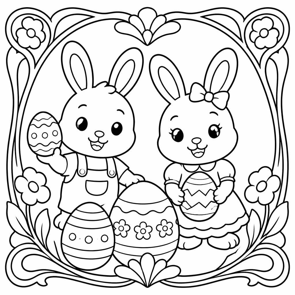 Schwarz-weiße Ausmalbild-Illustration mit Hasenkindern und Ostereiern in sehr einfachen, dicken Linien.