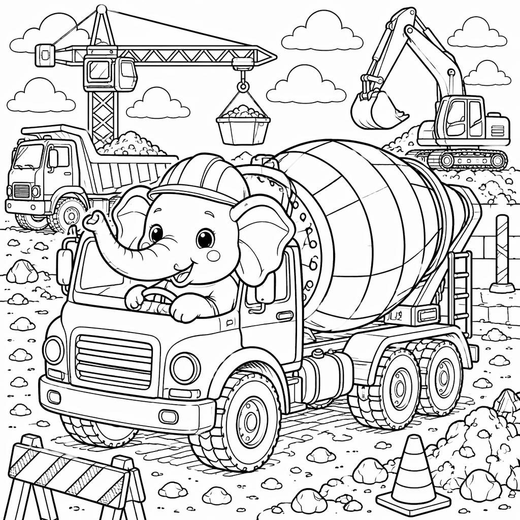 Schwarz-weiße Ausmalseite mit niedlichen Baustellenfahrzeugen im Cartoonstil, detailreich, klare Konturen, weißer Hintergrund.