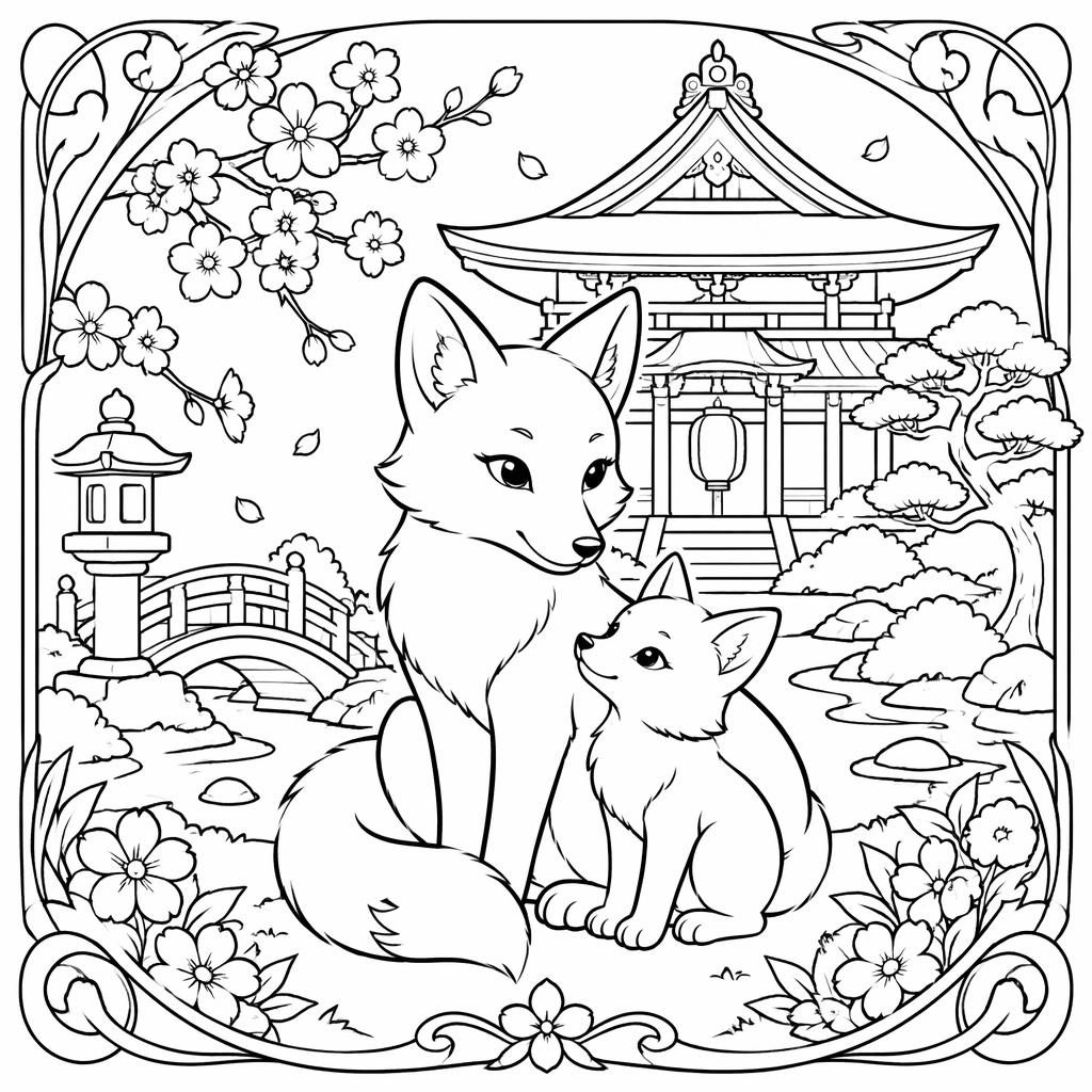 Illustration à colorier en noir et blanc d’un temple japonais avec une mère animal et son bébé, style art nouveau.