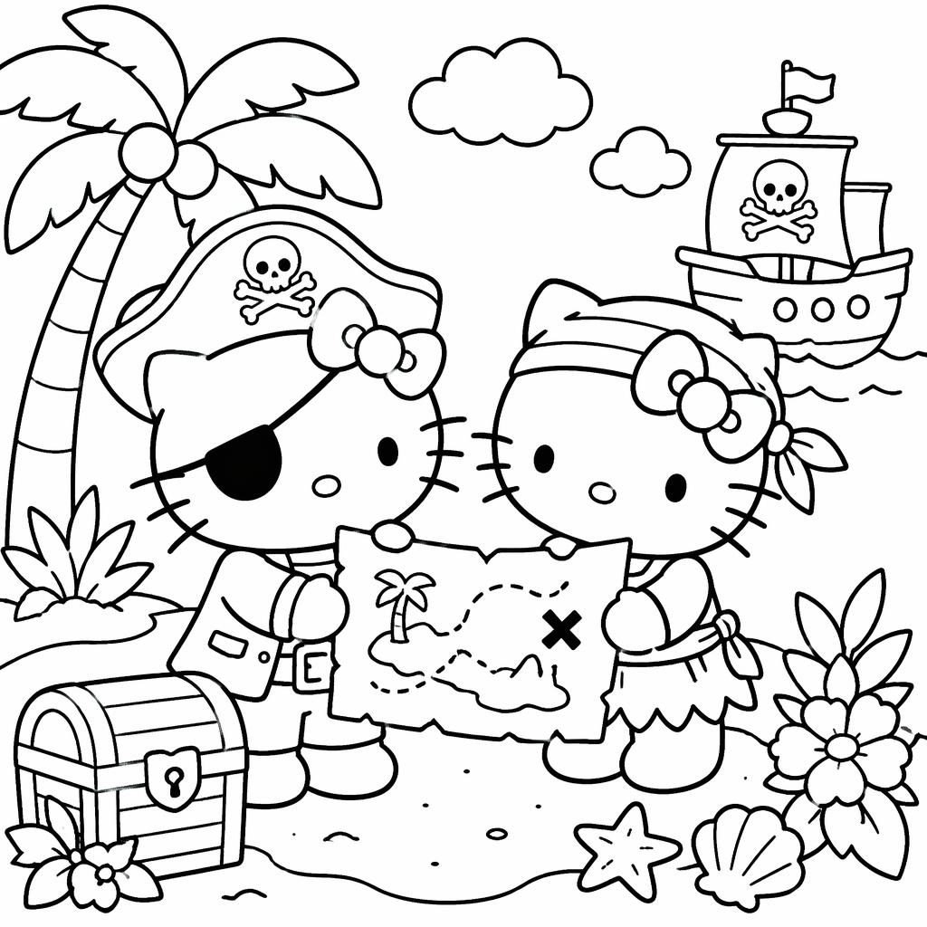 Illustration noir et blanc à colorier avec enfants pirates, carte au trésor et motifs botaniques simples.