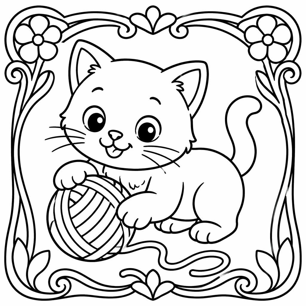 Ilustración para colorear en blanco y negro de un gatito jugando con ovillos, con líneas gruesas y formas simples.