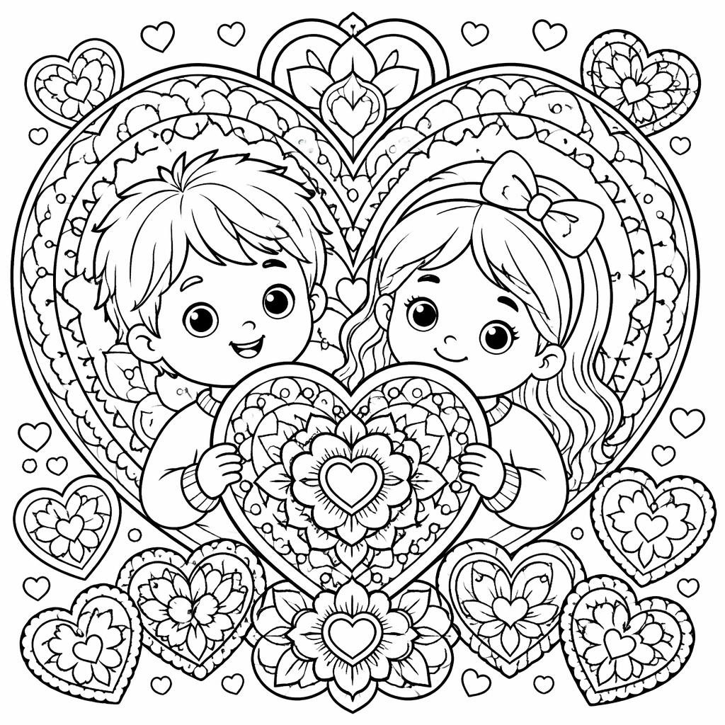 Ilustración para colorear en blanco y negro con corazones de San Valentín estilo cartoon para niños, líneas limpias.