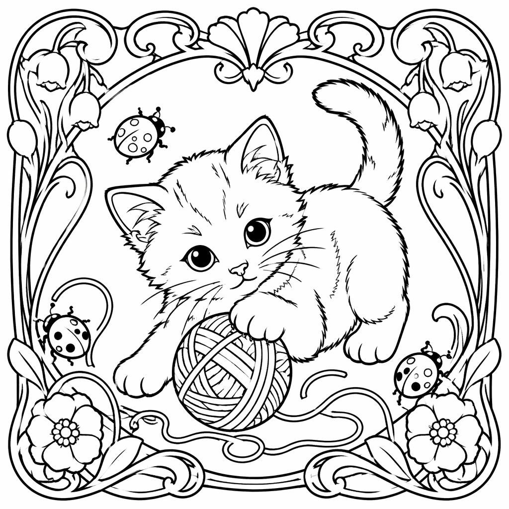 Schwarz-weiße Ausmalseite mit einem Kätzchen und Wollknäueln im detailreichen Jugendstil als klare Line-Art.