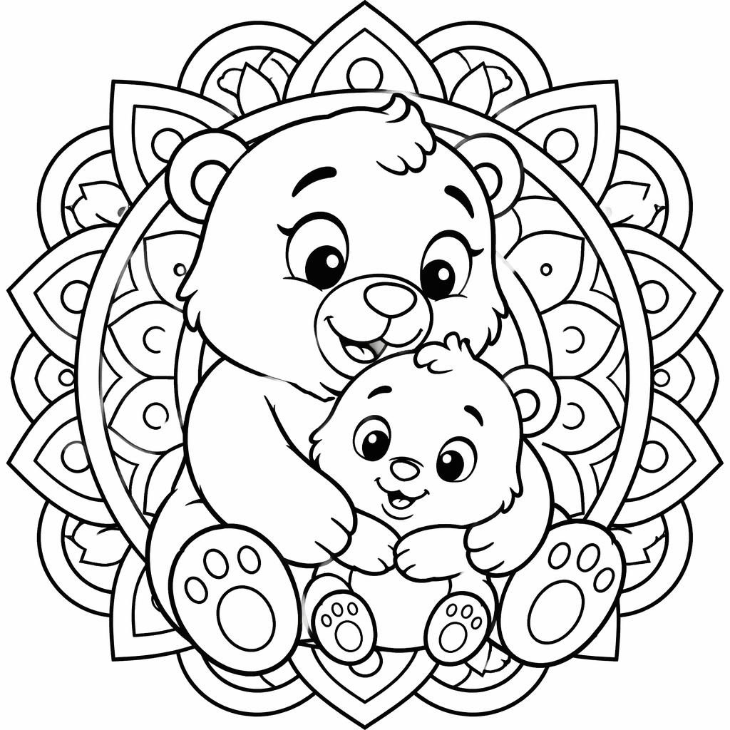 Black-and-white coloring page of mother and baby animals in a mandala geometric style with chunky outlines.