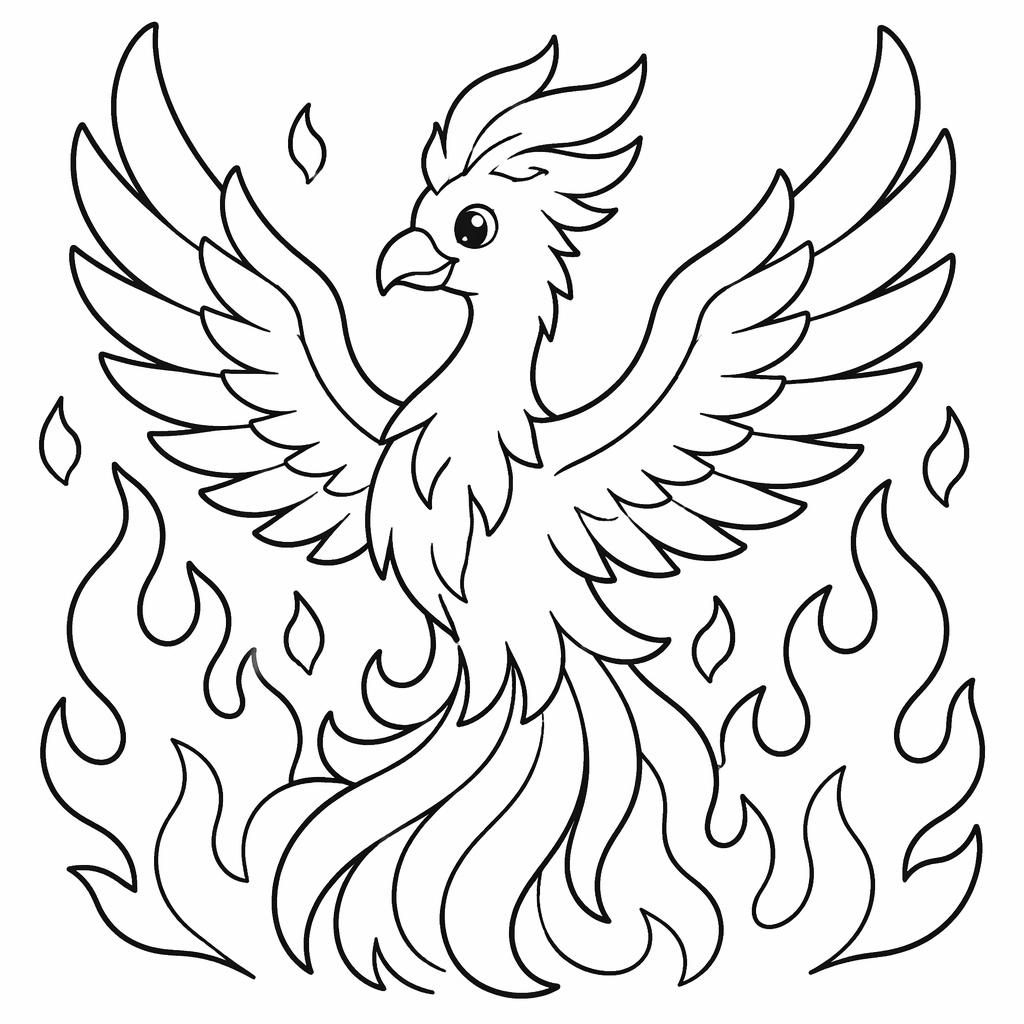 Ilustración para colorear en blanco y negro de un fénix adulto adorable con llamas, estilo caricatura simple.