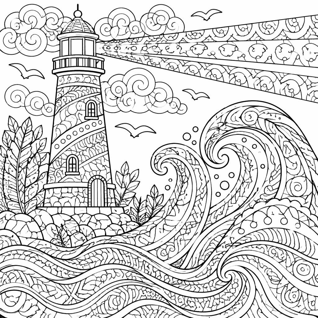 Ilustración en blanco y negro de un faro con olas, estilo zentangle para adultos, lista para colorear.
