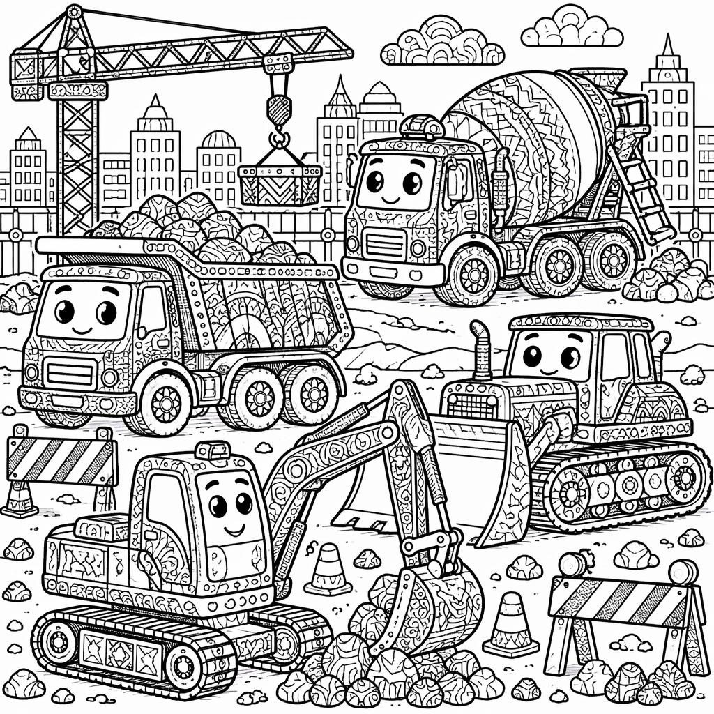 Black-and-white coloring page with construction trucks in intricate zentangle line art, kid-friendly and printable.