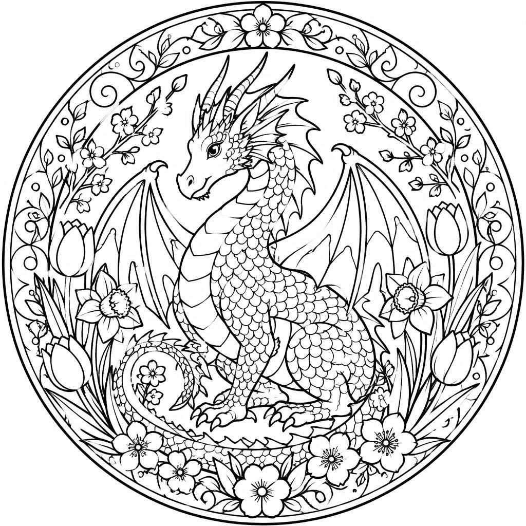 Schwarz-weißes Ausmalbild mit erwachsenem Fantasy-Drachen in klaren, dicken Konturen auf weißem Hintergrund.