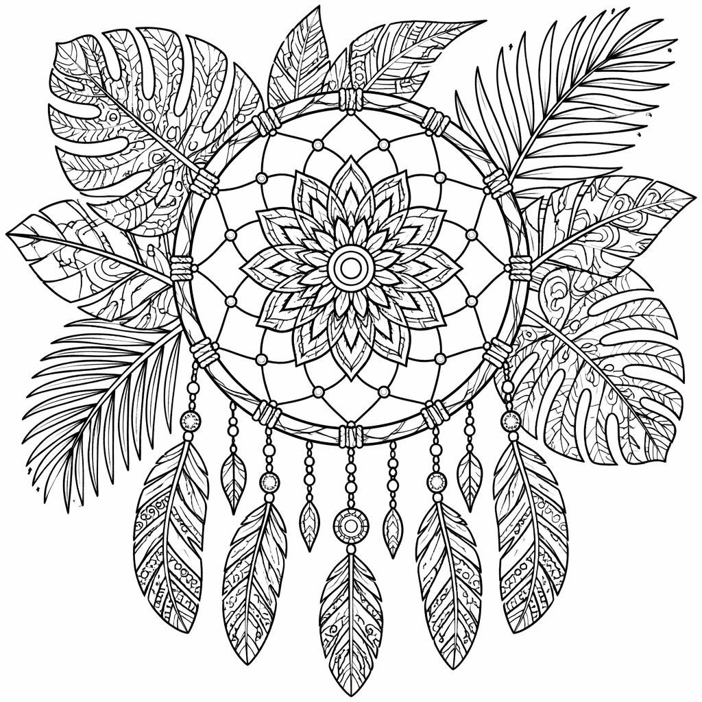 Black-and-white coloring page with tropical leaves in intricate zentangle and mandala-style line art.