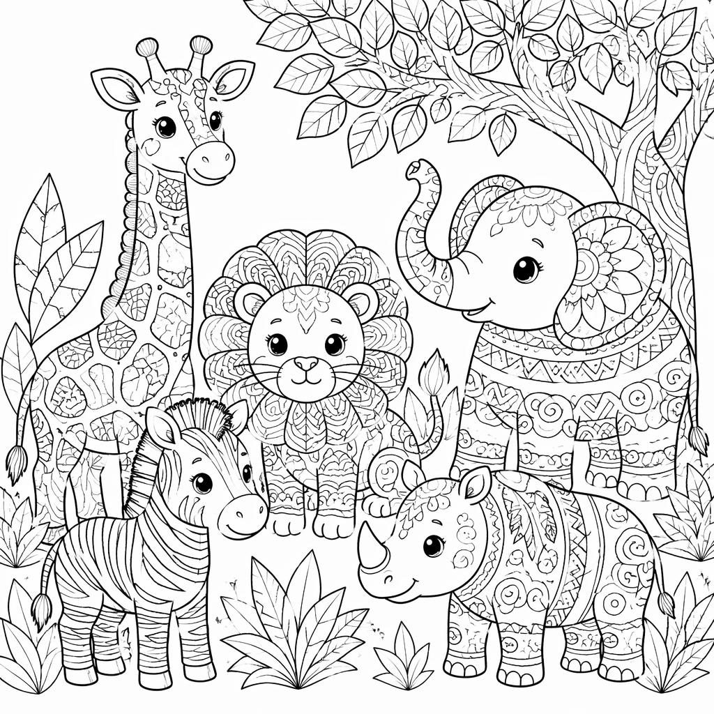 Página para colorear en blanco y negro con animales de safari estilo zentangle, trazos simples y fondo blanco.