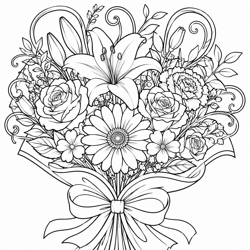 Black-and-white coloring page of a detailed flower bouquet in art nouveau line art with clean outlines on white background.