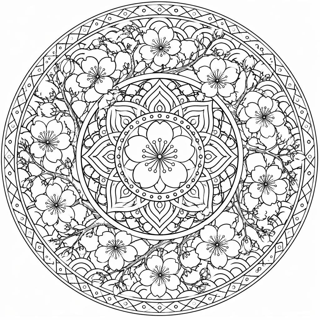 Schwarz-weiße Ausmalseite mit japanischen Kirschblüten im Mandala-Stil, filigrane Linien und klare Formen.