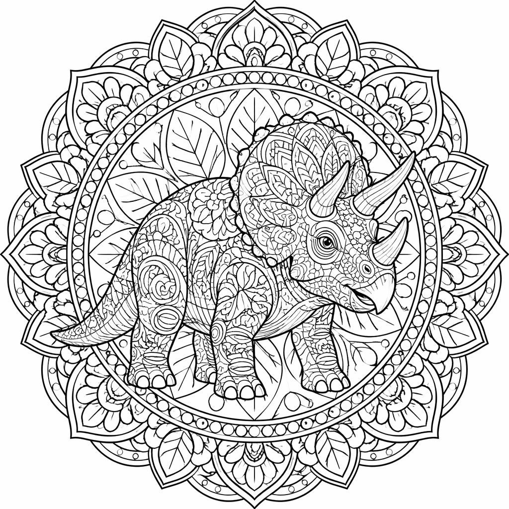 Schwarz-weißes Triceratops Ausmalbild im Mandala-Stil mit filigranen Zentangle-Mustern und klaren Linien