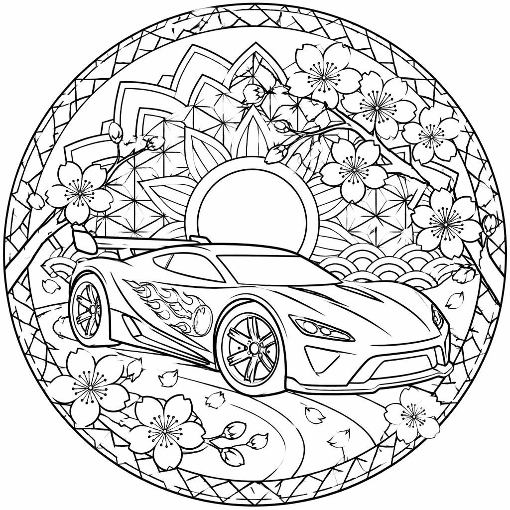 Black-and-white line art of a Japanese cherry blossom mandala with intricate petals and closed shapes on white.