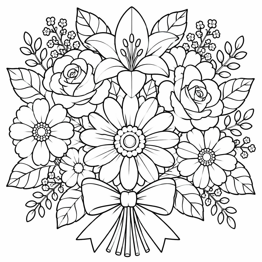 Schwarz-weiße Ausmalseite mit detailliertem Blumenstrauß im Mandala-Stil, klare Konturen auf weißem Hintergrund.