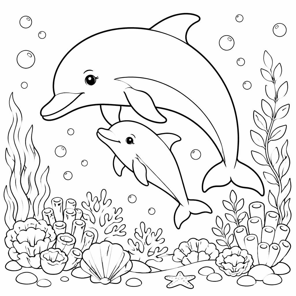 Ilustración para colorear en blanco y negro de una madre delfín con su cría, con detalles botánicos y líneas limpias.