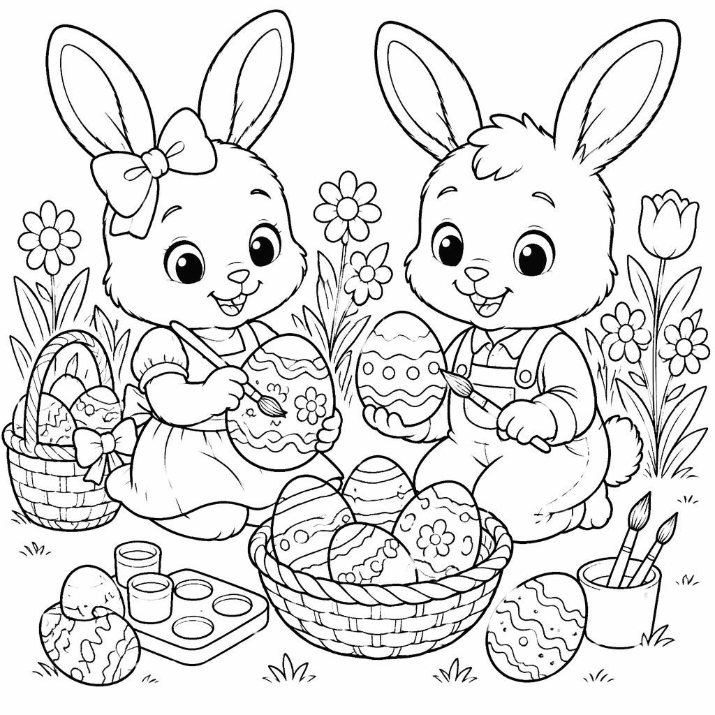 Ilustración para colorear en blanco y negro con conejitos niños y huevos de Pascua, en trazos limpios y fondo blanco.