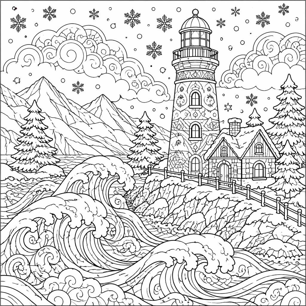 Schwarz-weiße Ausmalbild-Illustration mit Leuchtturm, großen Wellen und detailreichen Linien auf weißem Hintergrund.