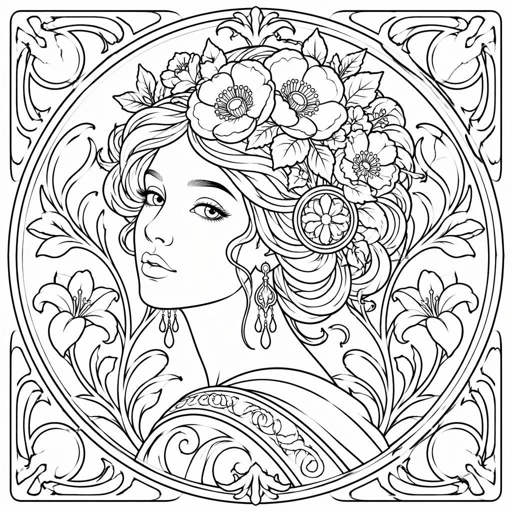 Schwarz-weißes Jugendstil-Frauenporträt als detailreiche Ausmalseite mit klaren Linien und ornamentalen Mustern