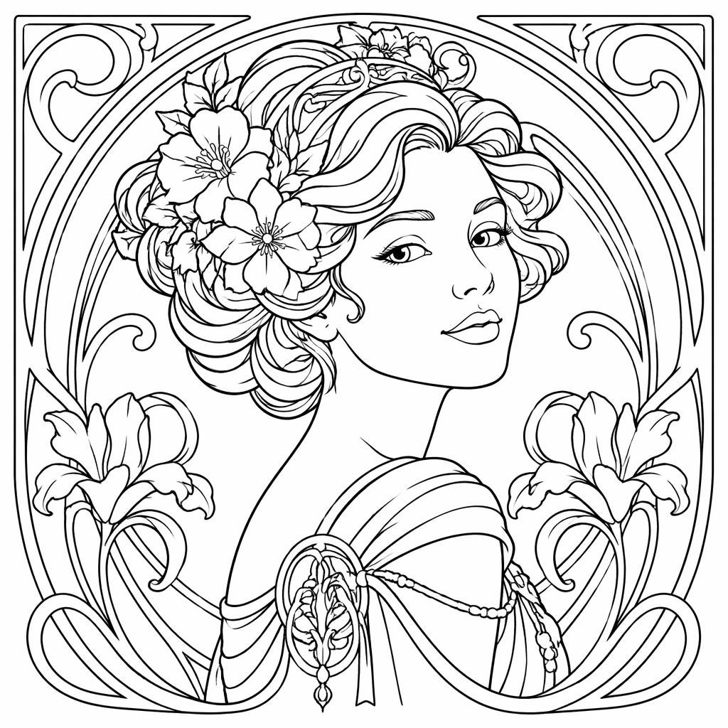 Portrait de femme art nouveau en noir et blanc, style zentangle, contours simples et formes fermées à colorier.