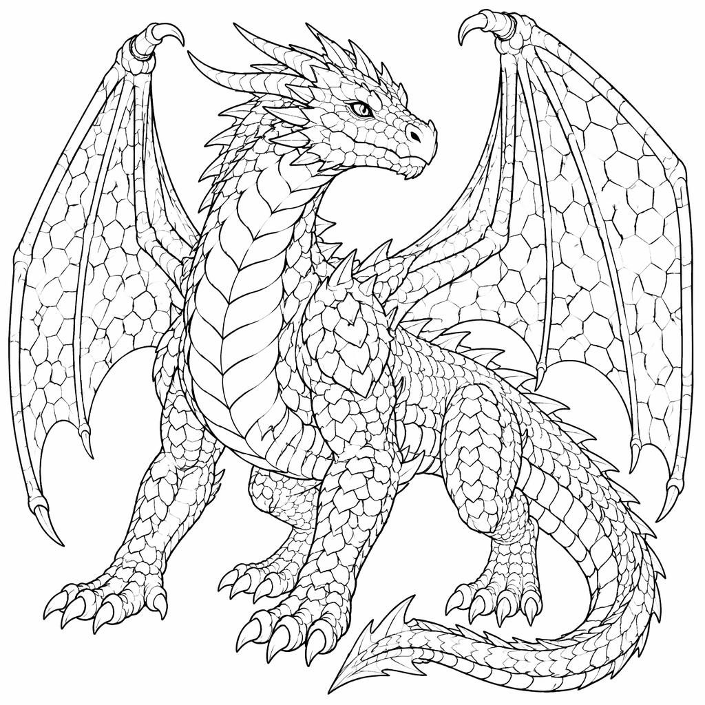 Schwarz-weiße Ausmalseite mit einem detailreichen erwachsenen Fantasie-Drachen als sauberes Line-Art