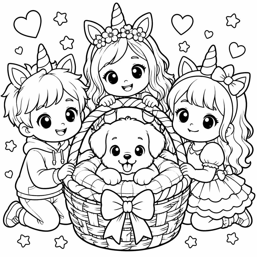 Black-and-white coloring page of a puppy sitting in a basket with kid-friendly chunky outlines and intricate manga-style details.