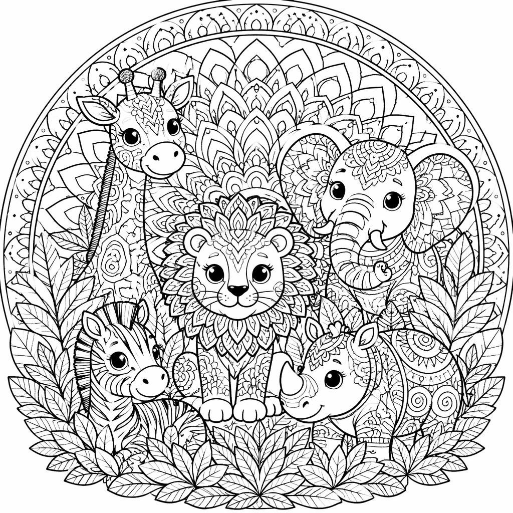 Página para colorear en blanco y negro con animales safari estilo zentangle, dibujo tierno y detalles tipo mandala.